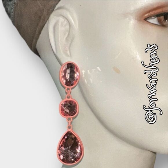 Pink Powdered Metal Dangle Bling Earrings with Faceted Pink Glass Rhinestones - Picture 4 of 10